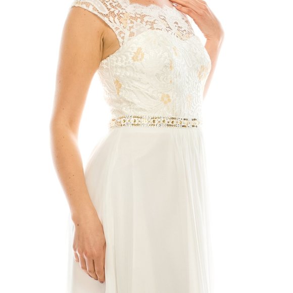 QUEEN ANNE NECK FLORAL LACE BODICE A-LINE CHIFFON FULL LENGTH DRESS(182811) - Picture 5 of 6